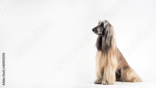 Afghan Hound stand alone on white background with copy spacea (Generative AI) photo
