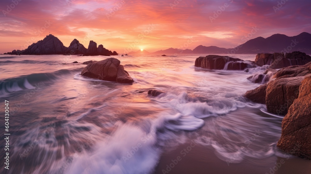 Captivating Solitude: A Breathtaking Sunset Over a Deserted Beach (Generative Ai)