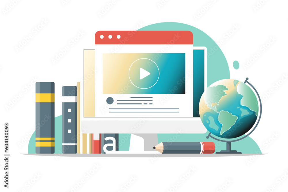 Online education concept, Computer PC with video screen, world map, book, pencil on isolated background, Digital marketing illustration. Online education concept, Computer PC with video screen, world map, book, pencil on isolated background, Digital marketing illustration.