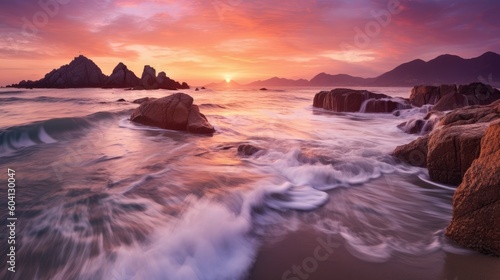 Captivating Solitude: A Breathtaking Sunset Over a Deserted Beach (Generative Ai)