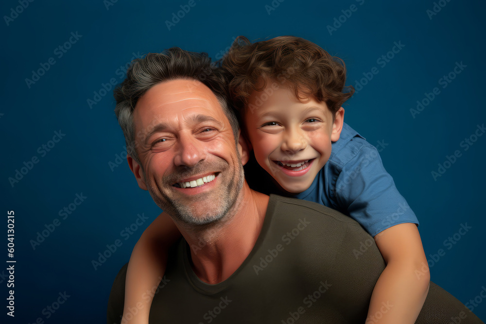 Fototapeta premium Happy father and son together against a blue background. Generative ai