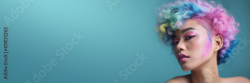 Beautiful asian woman with colorful hair on a pastel banner. Generative AI illustration