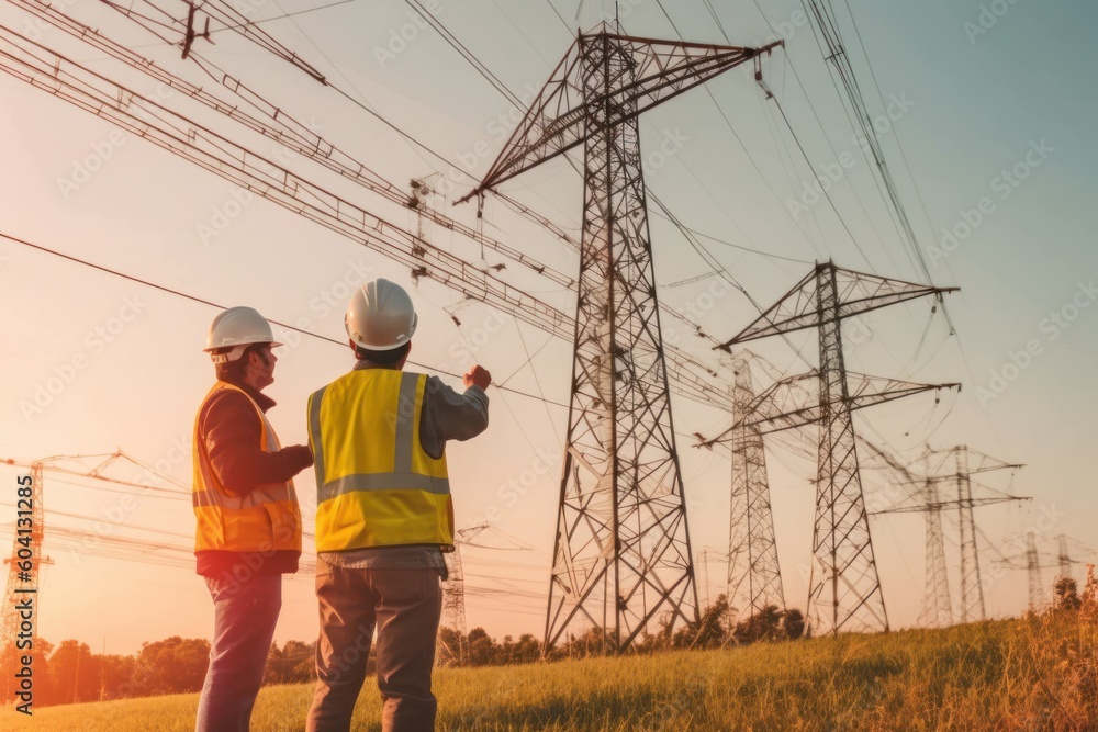Electrical engineers diligently work on electrical pylon transmission