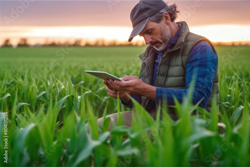 Papier peint A modern farmer in a corn field using a digital tablet to review harvest and cro