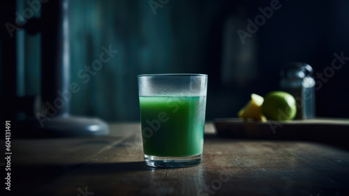 Wallpaper Mural Glass of tasty green juice on blue wooden table Generative AI Torontodigital.ca