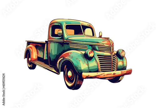 Old classic pickup truck. Background clipart.