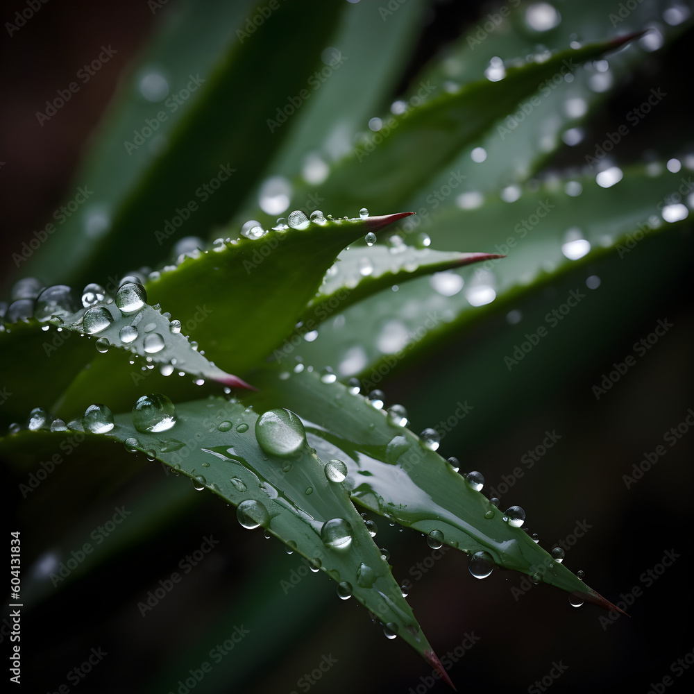 Generative AI, illustrations, Aloe Vera with fresh drops of water. Generative AI, illustrations, Aloe Vera with fresh drops of water.