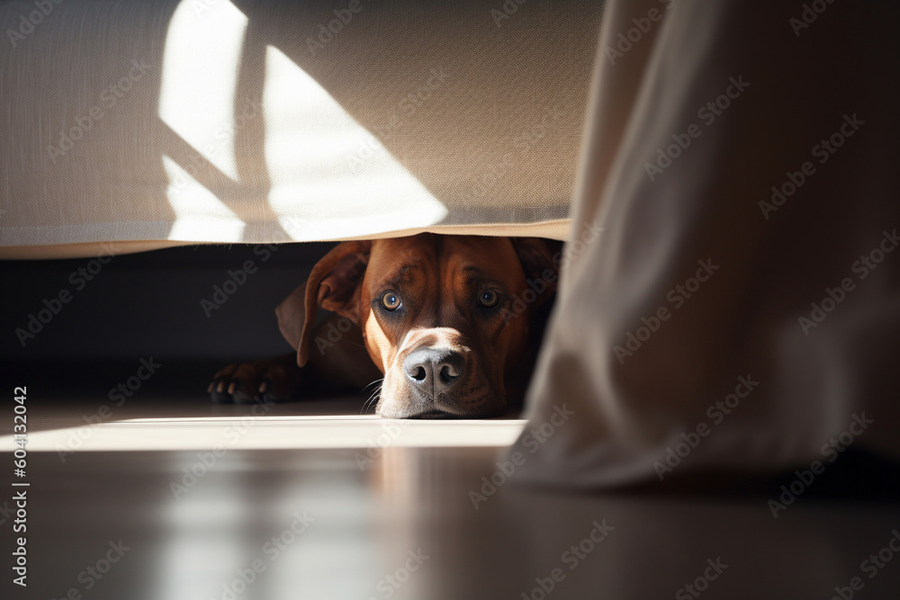 Scared dog hiding under bed. Generative AI illustration Stock Illustration Adobe Stock