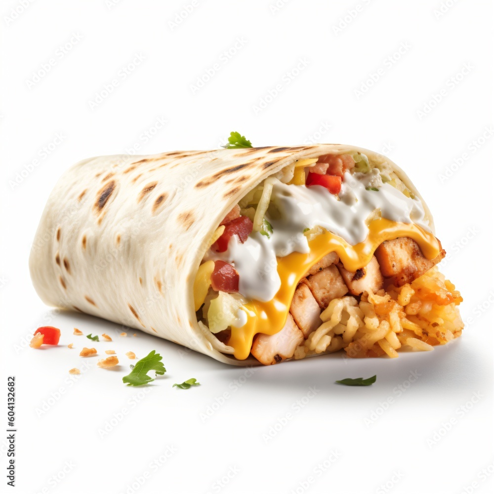 Tortilla wrap roti meat and vegetable fast food isolated image on white background Tortilla wrap roti meat and vegetable fast food isolated image on white background