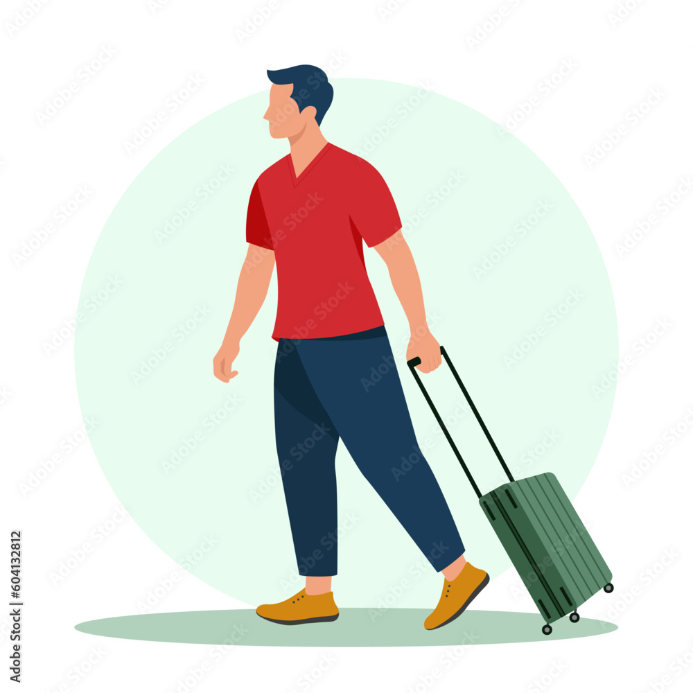 Man with a travel suitcase at the airport. Summer vacation. Flat vector illustration Man with a travel suitcase at the airport. Summer vacation. Flat vector illustration