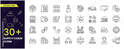 supply chain Vector Icon collection Set of line icons related to supply chain, value chain, logistic, delivery, manufacturing, commerce. Outline icon collection. Vector illustration. Editable stroke