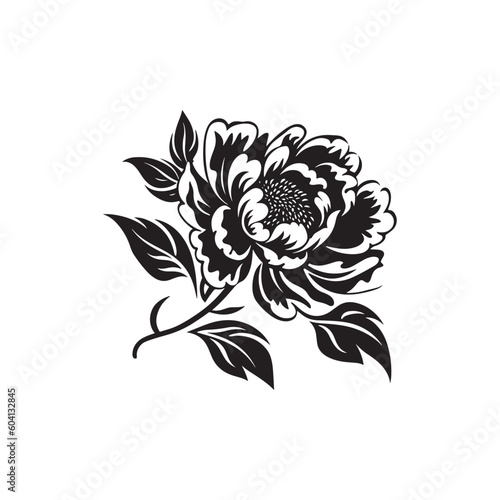 Peony flower , black sillouette, lines thick and connected