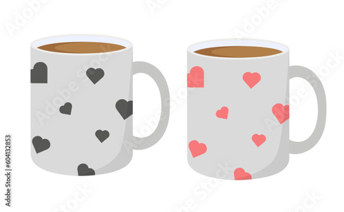 Paired mugs. White or gray coffee mugs. Ceramic mugs with hearts. Isolated on white background. 