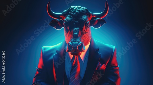 Bull in in the suit. Financial stock market symbol. Blue background with red neon lights. 