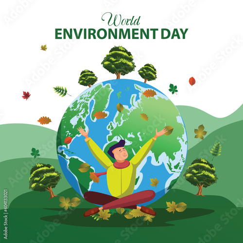 young boy with leaves. world environmental day.vector illustration design.