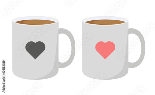 Paired mugs. White coffee mugs. Ceramic mugs with hearts. Isolated on white background.