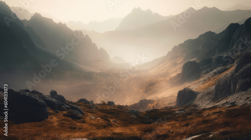 Misty illustration of a mountain range in fog  creating a majestic atmosphere. Generative AI