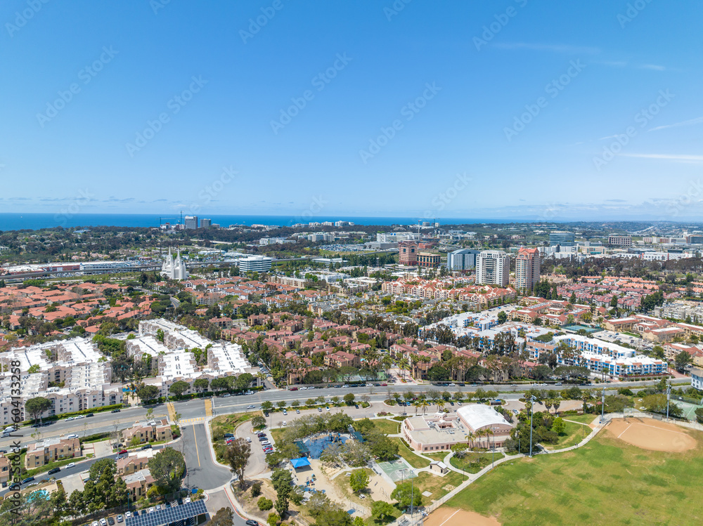 Aerial view over houses and condos in San Diego and ocean on the background,, California, USA