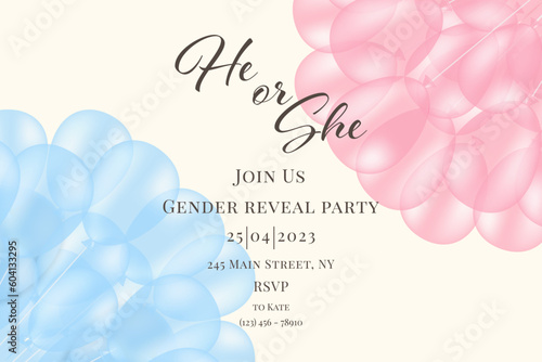  Invitation for gender reveal party with pink and blue balloons. Vector flat illustration for card, , design, flyer, poster, decor, banner, web, advertising.