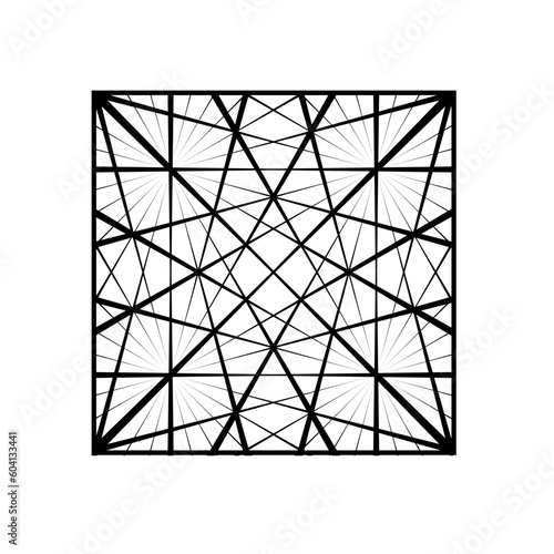 quadratische fläche gefüllt mit einem filgranen schwarzen strahlenfürmigen linienmuster, modern art