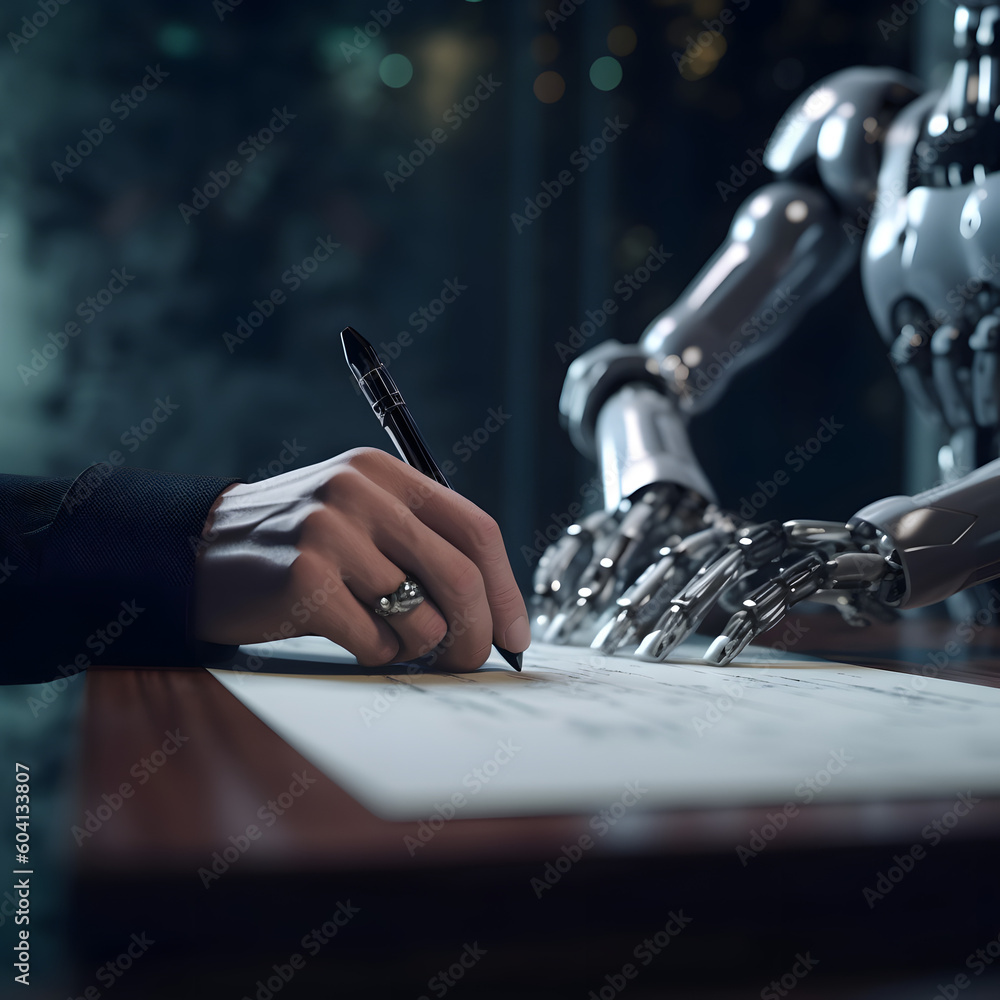 Fototapeta premium Human signing a contract on paper with robot, future technology illustration