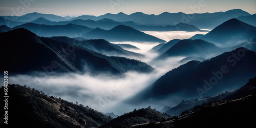 Misty illustration of a mountain range in fog, creating a majestic atmosphere. Generative AI