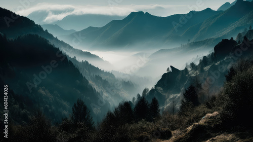 Misty illustration of a mountain range in fog, creating a majestic atmosphere. Generative AI