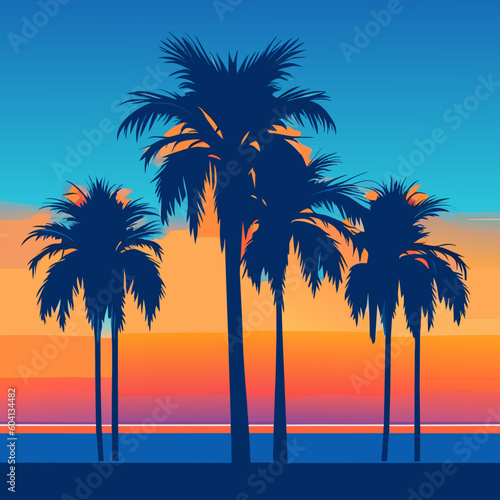 blue palm trees at sunset. Orange sunset with blue sky.