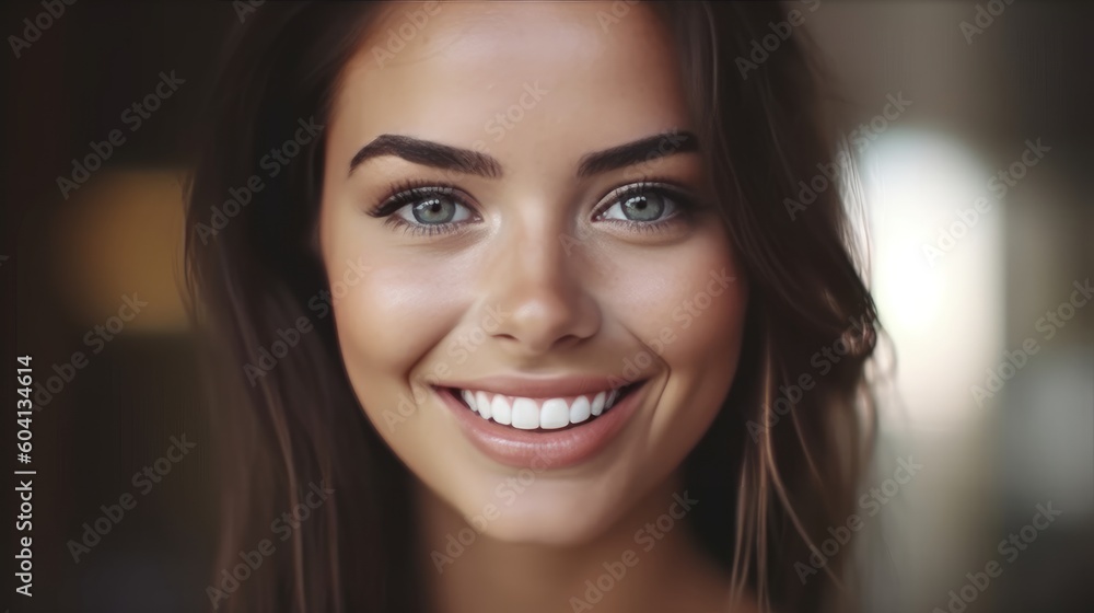 Close up shot of a gorgeous young lady smilling to the camera, white teeth ai, ai generative, illustration Close up shot of a gorgeous young lady smilling to the camera, white teeth ai, ai generative, illustration