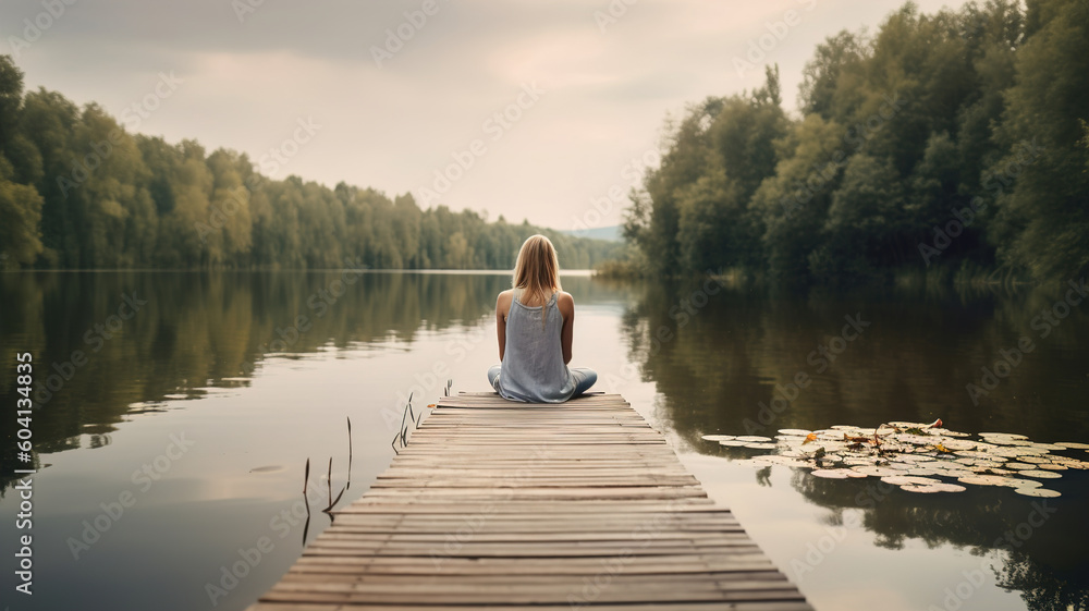 Woman Meditating at lake, Practicing Yoga in Lotus pose outdoors in nature landscape, Healthy lifestyle, self care, mindfulness concept. generative ai