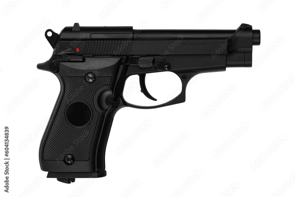 Air gun. Modern pneumatic weapon for air soft, sports and entertainment. A dummy, a copy of a real pistol. Isolate on a white back Air gun. Modern pneumatic weapon for air soft, sports and entertainment. A dummy, a copy of a real pistol. Isolate on a white back