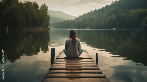 Woman Meditating at lake  Practicing Yoga in Lotus pose outdoors in nature landscape  Healthy lifestyle  self care  mindfulness concept. generative ai
