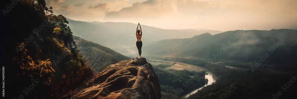 Woman Meditating, Practicing Yoga in Lotus pose at mountain peak, Healthy lifestyle, self care, mindfulness concept. generative ai - obrazy, fototapety, plakaty 