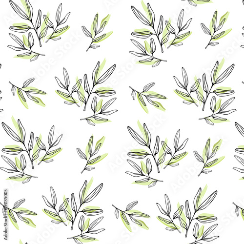 seamless pattern with painted contour leaves © Svetlana Ruin