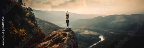 Woman Meditating, Practicing Yoga in Lotus pose at mountain peak, Healthy lifestyle, self care, mindfulness concept. generative ai © Syntetic Dreams
