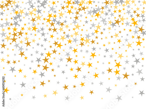 Fashionable silver and gold stars falling scatter pattern. Many stardust spangles New Year decoration particles. Isolated stars falling backdrop. Sparkle symbols greeting decor.