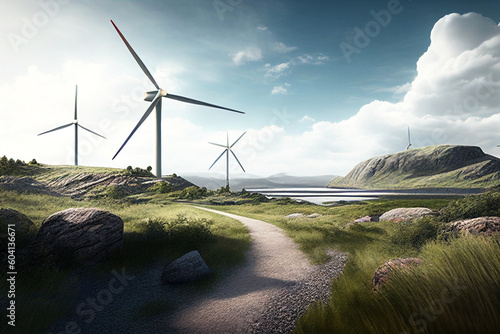 Wind turbine with landscape in the background. Renewable energy. photo