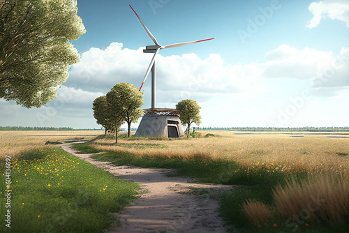 Wind turbine with landscape in the background. Renewable energy. photo