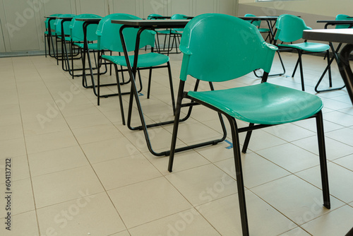 Rows of table and chair.