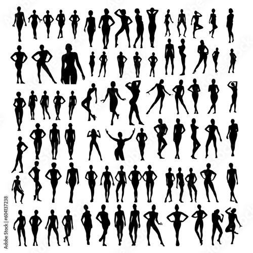 Vector illustration. Black silhouette of girls in different poses. Big set.