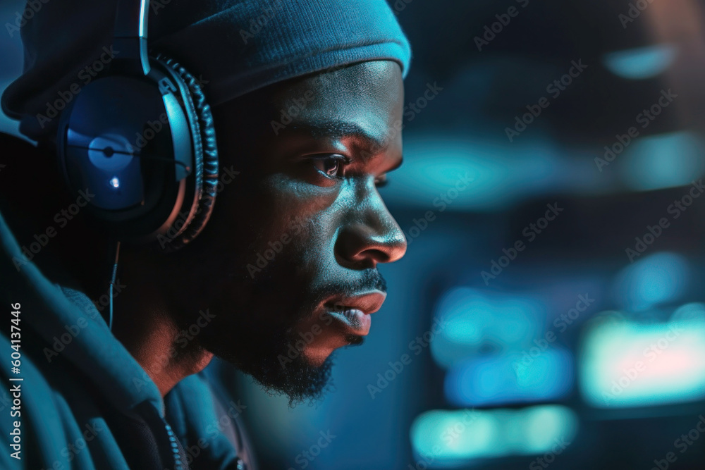 Man at work with office headphones computer technology hacker generative ai Man at work with office headphones computer technology hacker generative ai