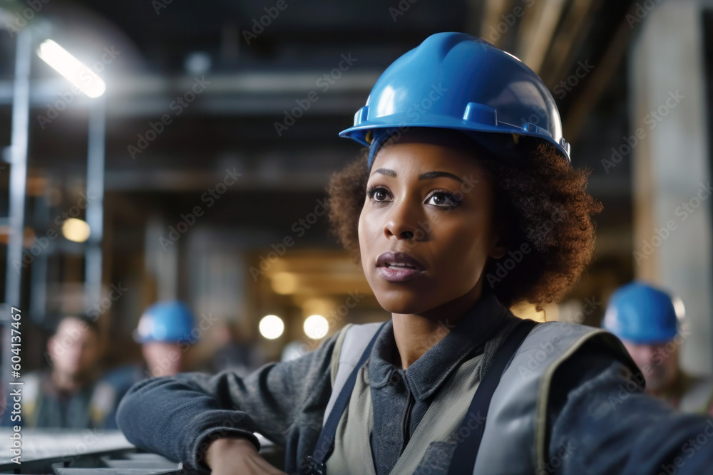 Woman engineer worker work in a building construction portrait - generative ai Woman engineer worker work in a building construction portrait - generative ai