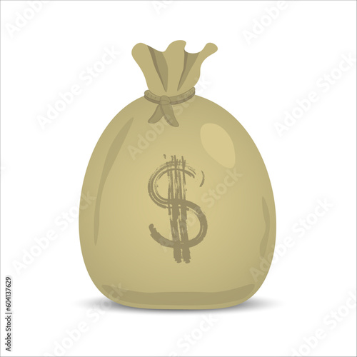 Vector illustration of filled with money dollar USD a brown canvas sack, tarpaulin bag, tied with rope, isolated on a white background, for your design, with inscription dollar sign