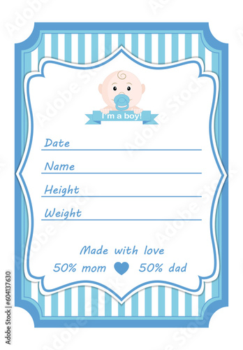Hand tag for a newborn baby boy in blue color shades, maternity discharge, for a birthday photo shoot, for print