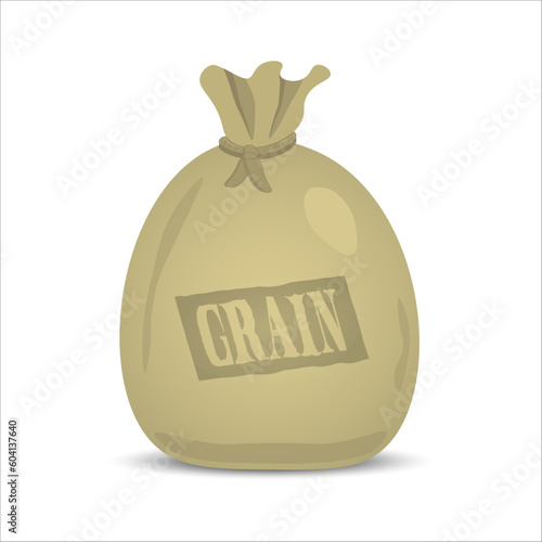 Vector illustration of filled a brown canvas sack, tarpaulin bag, tied with rope, isolated on a white background, for your design, for child books, fairytales, with inscription or label grain