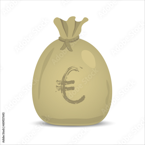 Vector illustration of filled with money euro EUR a brown canvas sack, tarpaulin bag, tied with rope, isolated on a white background, for your design, with inscription euro sign