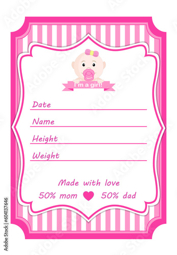 Hand tag for a newborn baby girl in pink color shades, maternity discharge, for a birthday photo shoot, for print