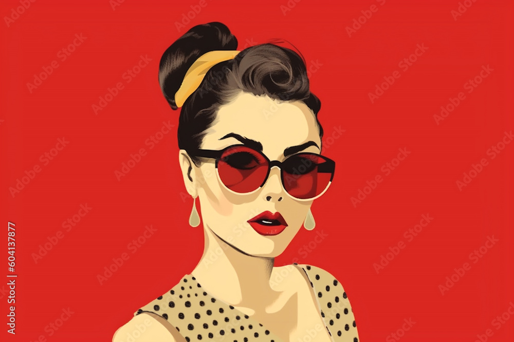 Beaut, fashion and style concept. Retro style fashion woman wearing trendy sunglasses portrait illustration. Illustrative minimalistic design. Pin up girl fashion style. Generative AI Beaut, fashion and style concept. Retro style fashion woman wearing trendy sunglasses portrait illustration. Illustrative minimalistic design. Pin up girl fashion style. Generative AI