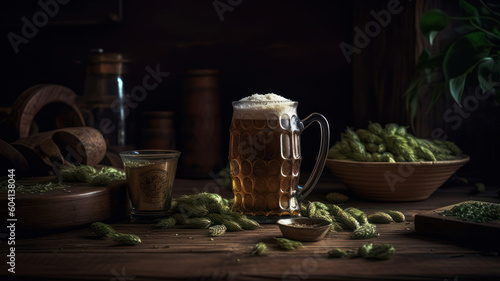 Still life with mug of chilled beer, beer cask hops and wheat ears on wooden table Generative AI