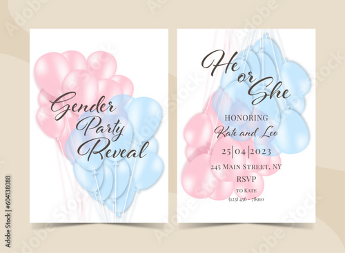 Invitation for gender reveal party with pink and blue balloons. Vector flat illustration for card, , design, flyer, poster, decor, banner, web, advertising.